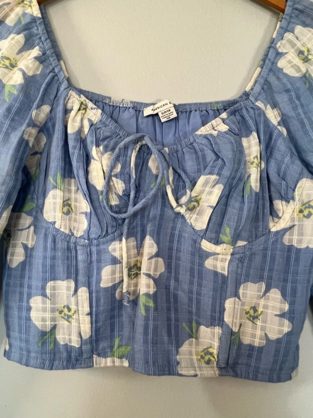 American Eagle Floral Cotton Corset Long Sleeve Crop Top Size S Blue Spring